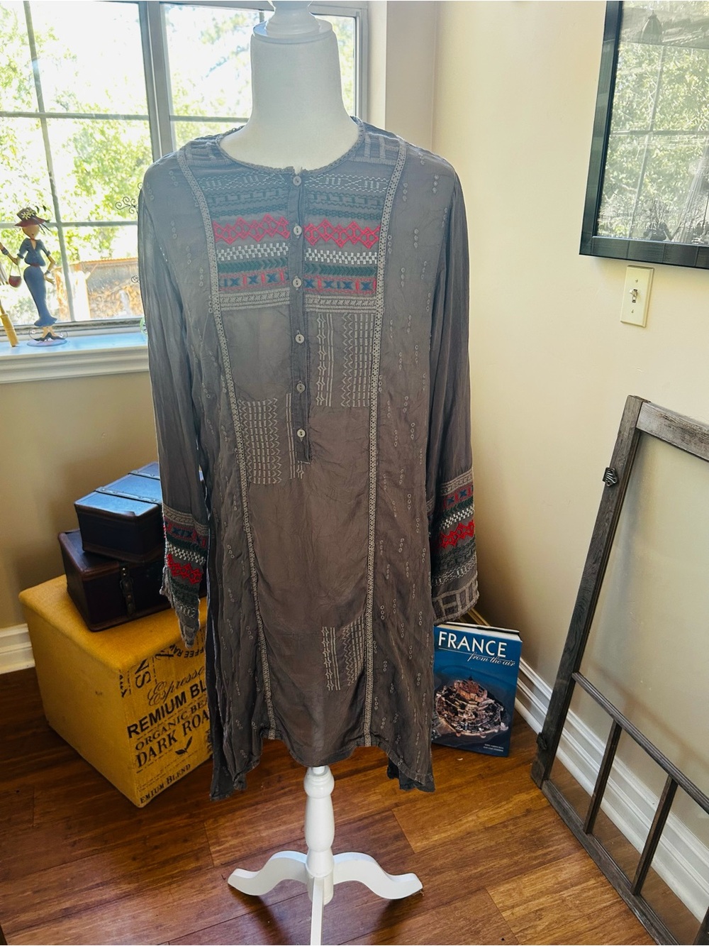 Johnny Was Gray Embroidered Midi Dress with Red & Blue Accent Panels